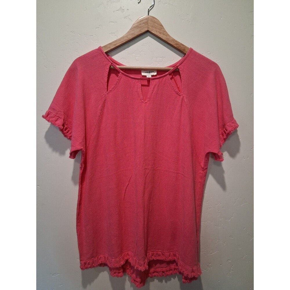 Umgee Women's Size S Pink Linen Blend Blouse Tunic Frayed Edges Cutouts Barbie